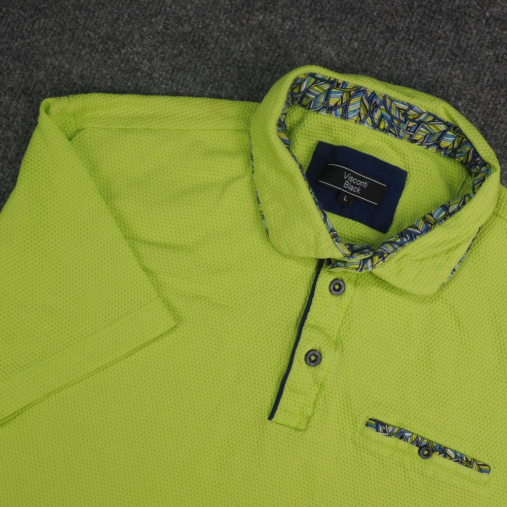 Visconti Black Polo Men Large Short Sleeve Lime Green Textured Golf Casual Shirt